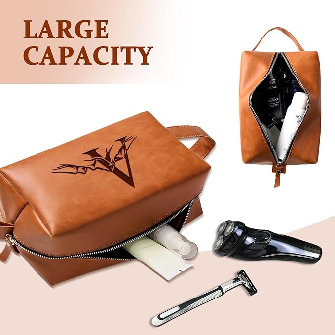 Personalized Gifts Travel Toiletry Bag for Men Engraved Initial PU Leather Waterproof Shaving Bag for Toiletries Accessories Fathers Day Birthday Gift for Men Dad Husband Son, Light Brown T