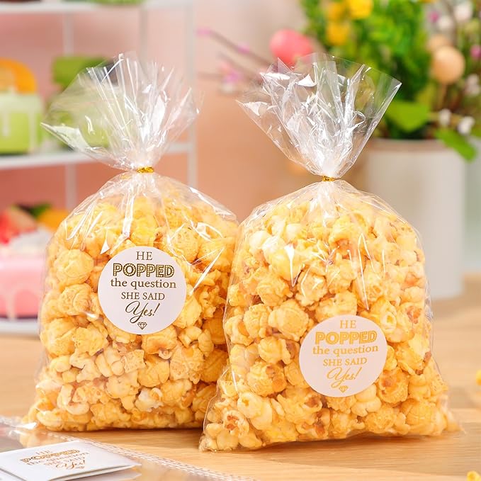 AIOMOB 100 Pack He Popped the Question Popcorn Bags Engagement Party Favors Decorations She Said Yes Sticker Clear Popcorn Favor Bags for Engagement Party Bridal Shower Wedding Supplies