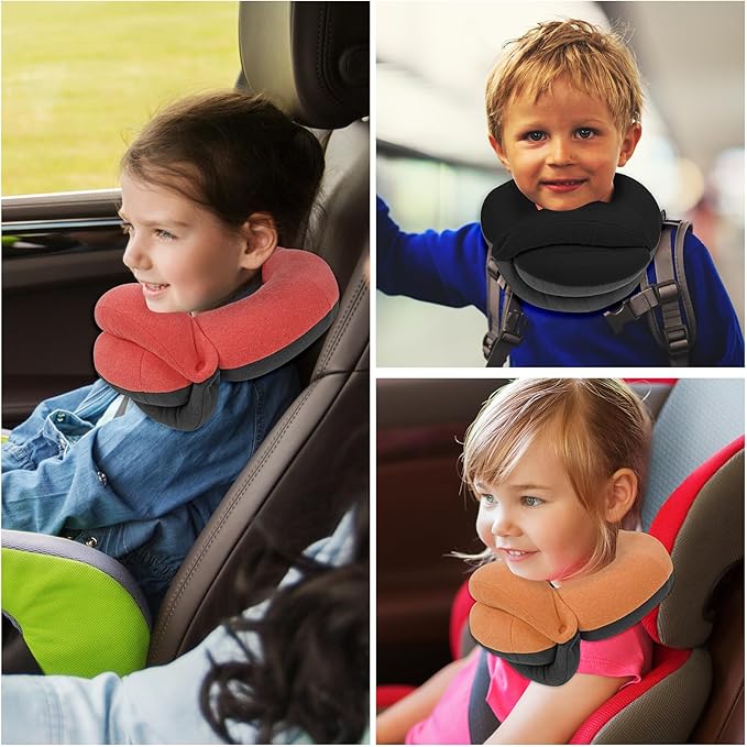 BUYUE Kids Travel Pillows for Airplane, 360° Head Support Sleeping Essentials for Boys Long Flight, Skin-Friendly Soft Neck Pillow for Traveling in Car Seat, (Small, Red Grey, 40-90 lbs)