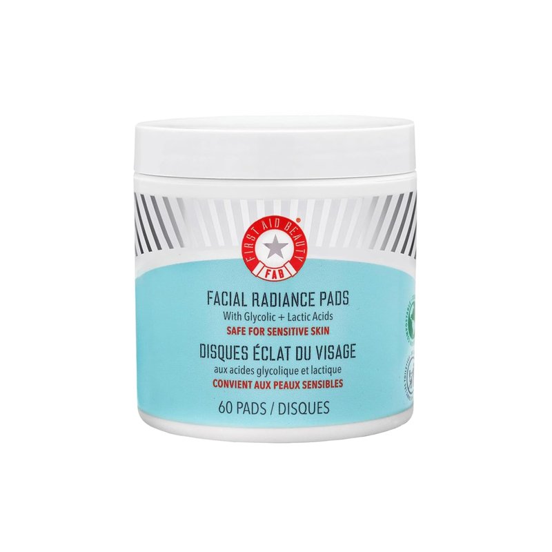 First Aid Beauty - Facial Radiance Pads with Glycolic & Lactic Acids, Daily Exfoliating Pads with AHA, Visibly Smaller Pores, Help Tone & Brighten Skin, One-Step Makeup Prep, Compostable, 60