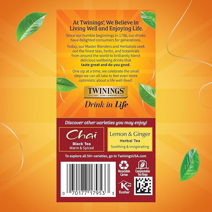 Twinings French Vanilla Chai Black Tea Individually Wrapped Bags, 20 Count (Pack of 1), Warm, Sweet & Spicy, Caffeinated, Enjoy Hot or Iced, 20 Teabags