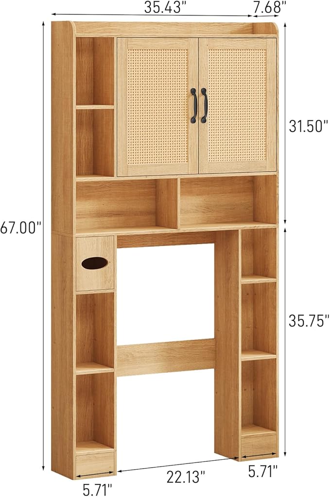 Vabches Farmhouse Style Rattan Over-The-Toilet Storage Cabinet with 2 Rattan Doors, Toilet Paper Holder - Space-Saving Oak Bathroom Organizer.
