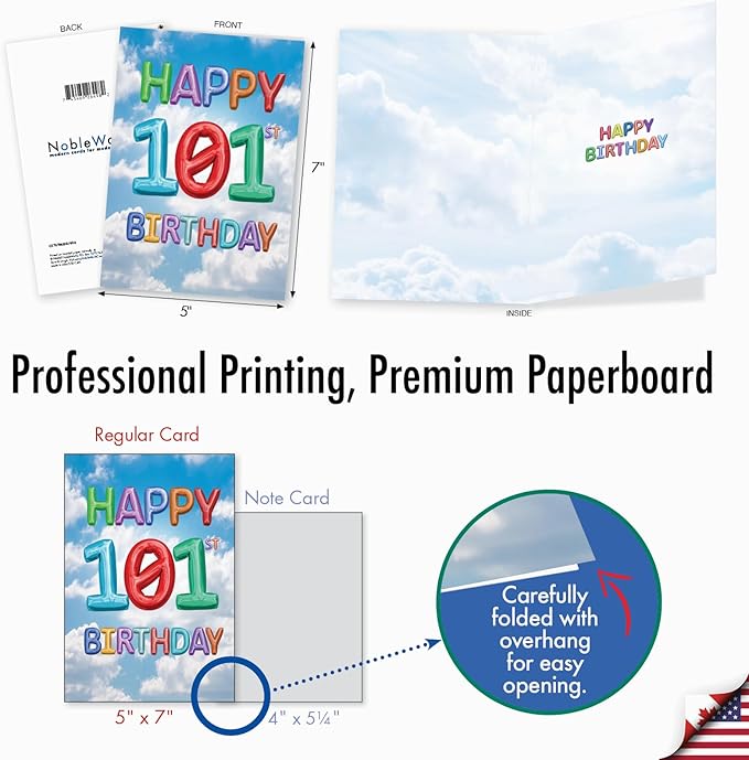 NobleWorks - Milestone Birthday Greeting Card with Envelope (4.63 x 6.75 Inch) - Inflated Messages-101 (Not Actual Balloons) C2769MBG