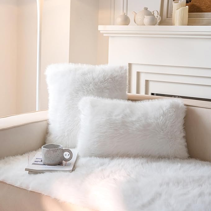 Neelvin Cream White Faux Fur Cozy Fluffy Double-Sided Decorative Throw Pillow Covers 20x20 inch Set of 2,Velvet Pillowcase Cushion Case for Sofa Couch