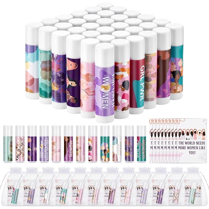 36 Set Women's History Month Gift Bulk Freedom Equality Feminism Funny Lip Balm Tag Organza Bag Gift for Womens History Month Theme Favor International Womens Day Female Awareness Gifts