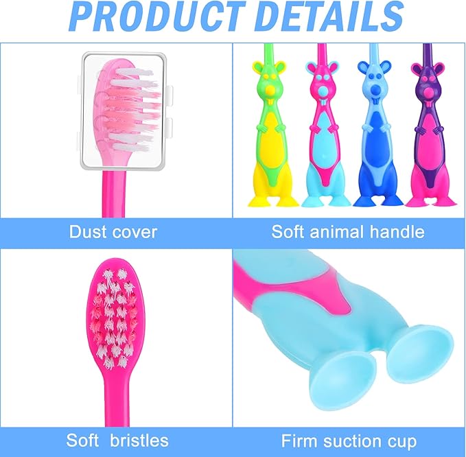 Gerrii 100 Pcs Kids Toothbrushes Bulk Soft Lovely Little Kangaroo with Covers Suction Cup Individually Wrapped for Children Toddler Home School Camp Daycare Travel