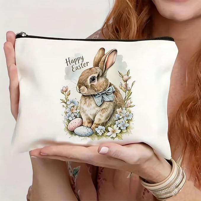 GRITOSE Happy Easter Small Makeup Bag Women Girls Cosmetic Bag Party Gift with Funny Bunny desigsn Easter Accessories for Lovers Mother Friend Student Travel Pouch with Zipper