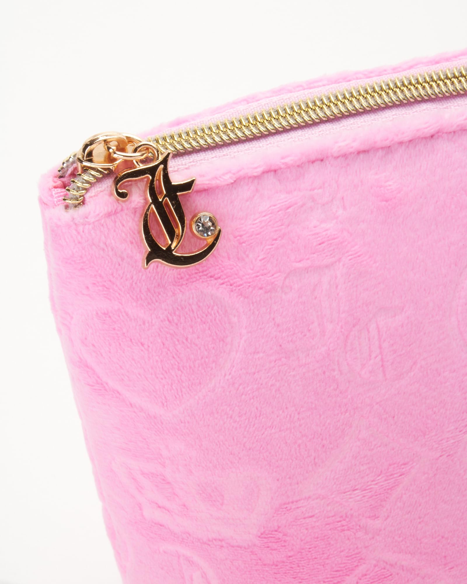 Juicy Couture Pink Makeup Bag Cosmetics Organizer Travel Essentials Zip Top Wedge Velour Heart Crown