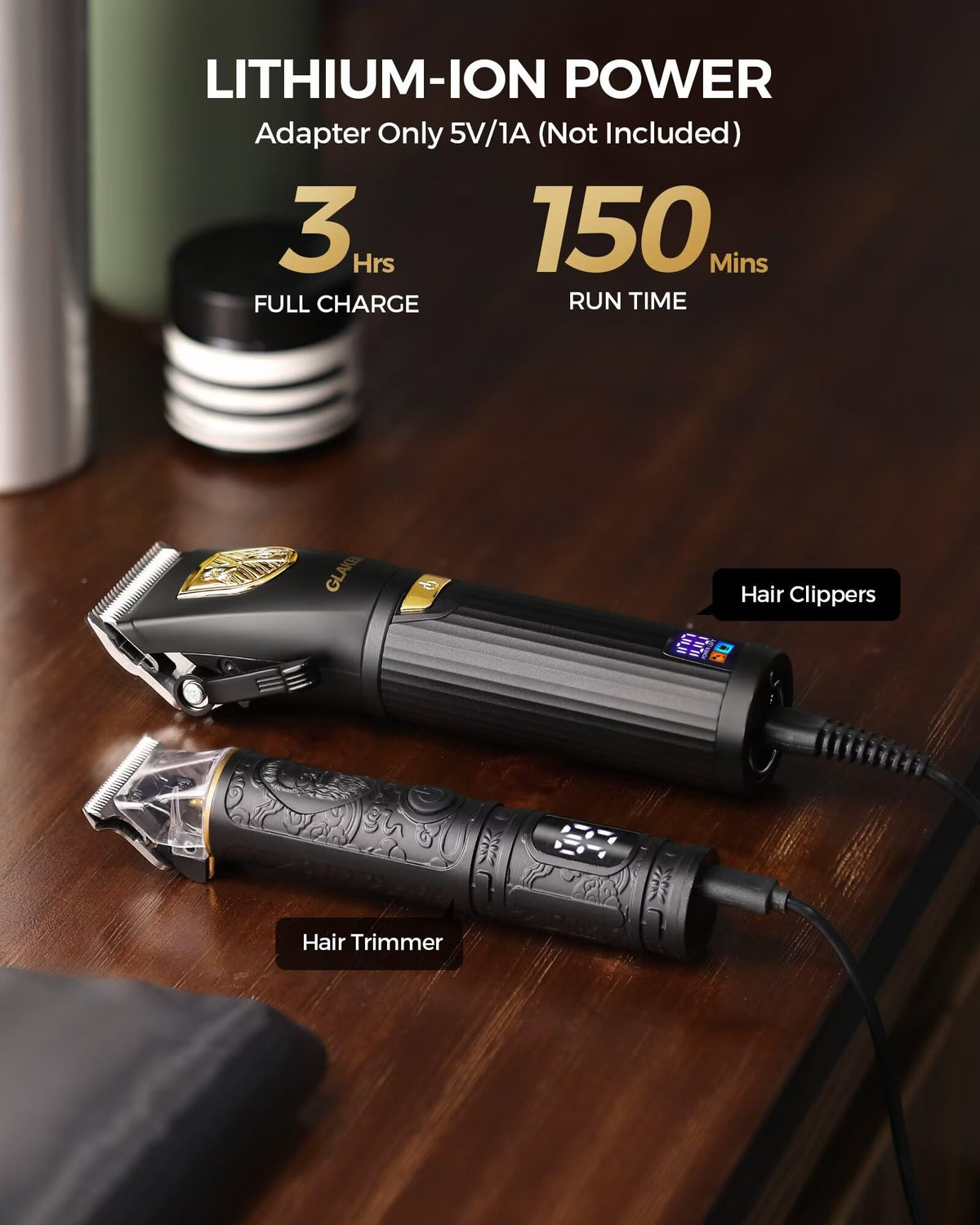 GLAKER Hair Clippers for Men,Professional Mens Hair Clippers Cordless Clippers for Hair Cutting,Precision Trimmer Kit Zero Gap Trimmer with LED Display 15 Guide Combs (Gold)
