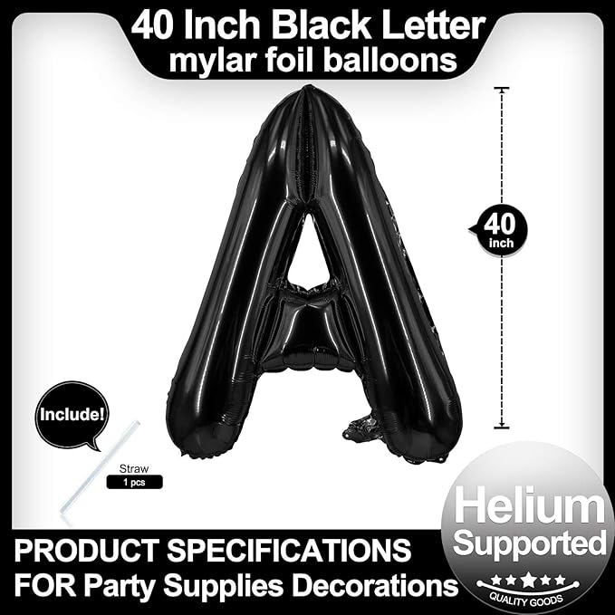 40 Inch Black Letter A Balloons, DIY Phrase Foil Alphabet Letter A Balloons DIY Word A Banner for Birthday Anniversary Celebration Graduation Party Supplies Decoration