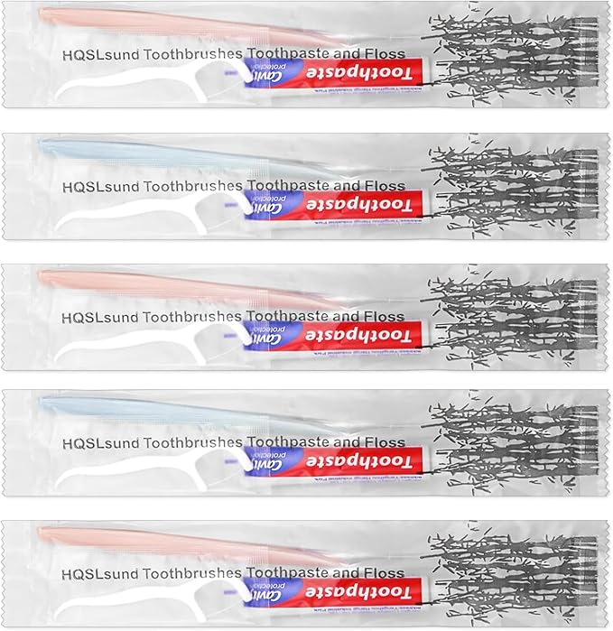 200pcs Disposable Toothbrushes with Toothpaste Floss Individually Wrapped, 2 Color Disposable Toothbrush, 10g Toothpaste, Floss Pick, Bulk Toothbrush Kit for Homeless,Airbnb,Hotel