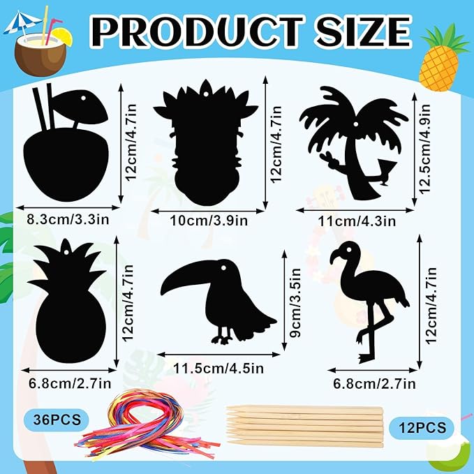JULMELON 36 PCS Luau Crafts for Kids, Rainbow Scratch Art for Kids Luau Party Favors DIY Magic Color Tropical Hawaiian Scratch Cards for Summer Hawaiian Party Favors School Activities Luau Games
