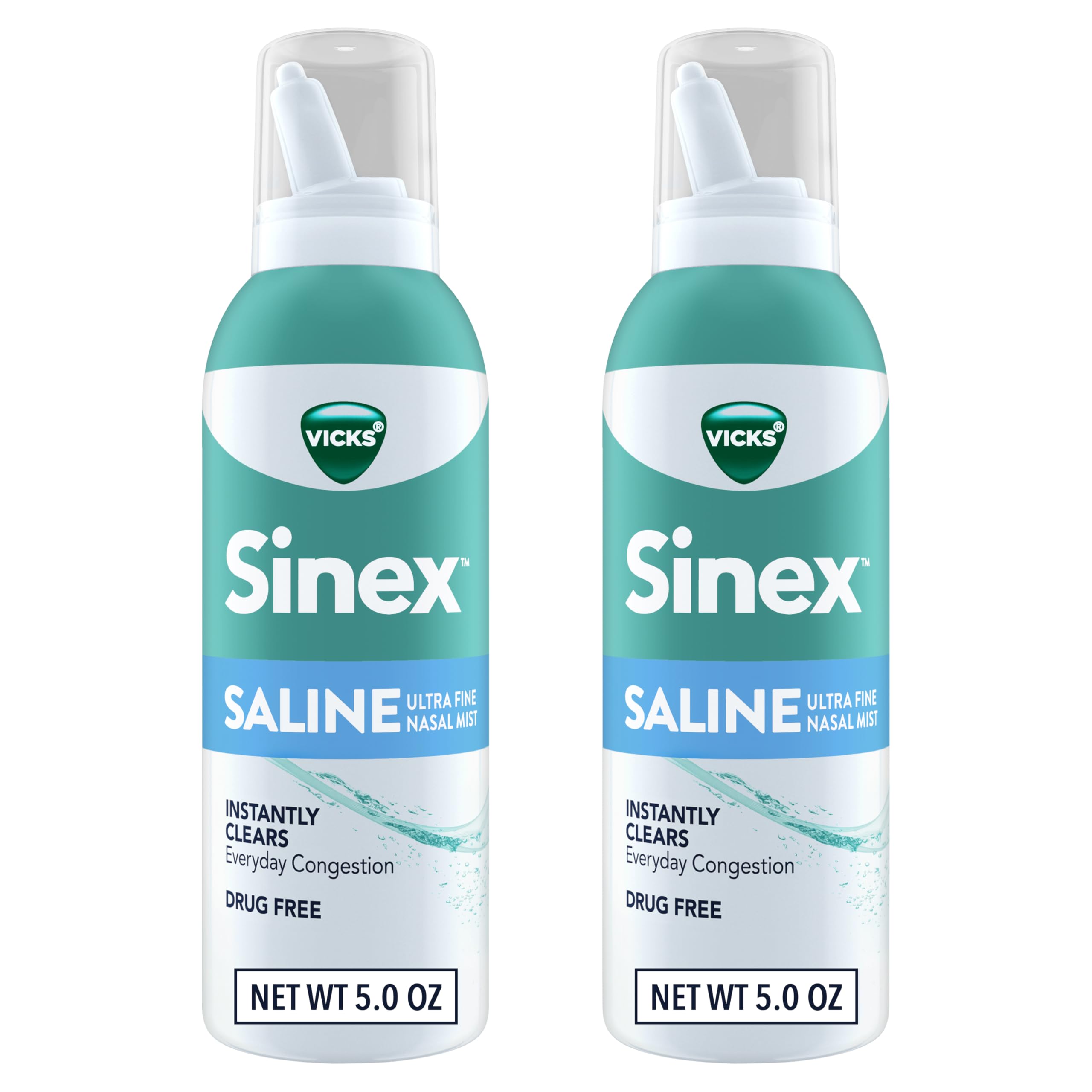 Vicks Sinex SALINE Nasal Spray, Drug Free Ultra Fine Mist, Clear Everyday Sinus Congestion Fast, Clear Mucus from a Cold or Allergy, Daily Use 5.0 fl oz x 2