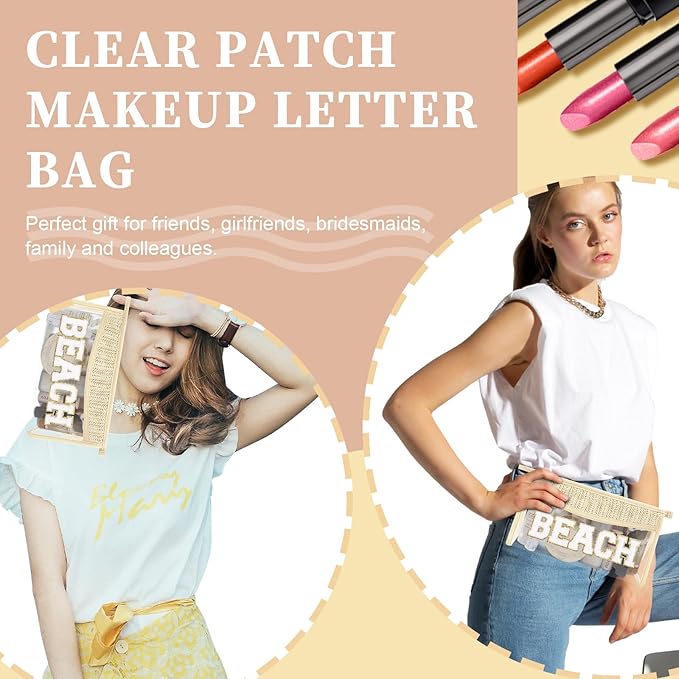 Iqimott 2Pcs Clear Patch Makeup Letter Bag, Boho Letter Bag for Beach Swim, Waterproof Zipper Make up Bags Toiletry Pouch for Women Girls, Clear Letters Patch Cosmetic Bags for Travel(Beach)