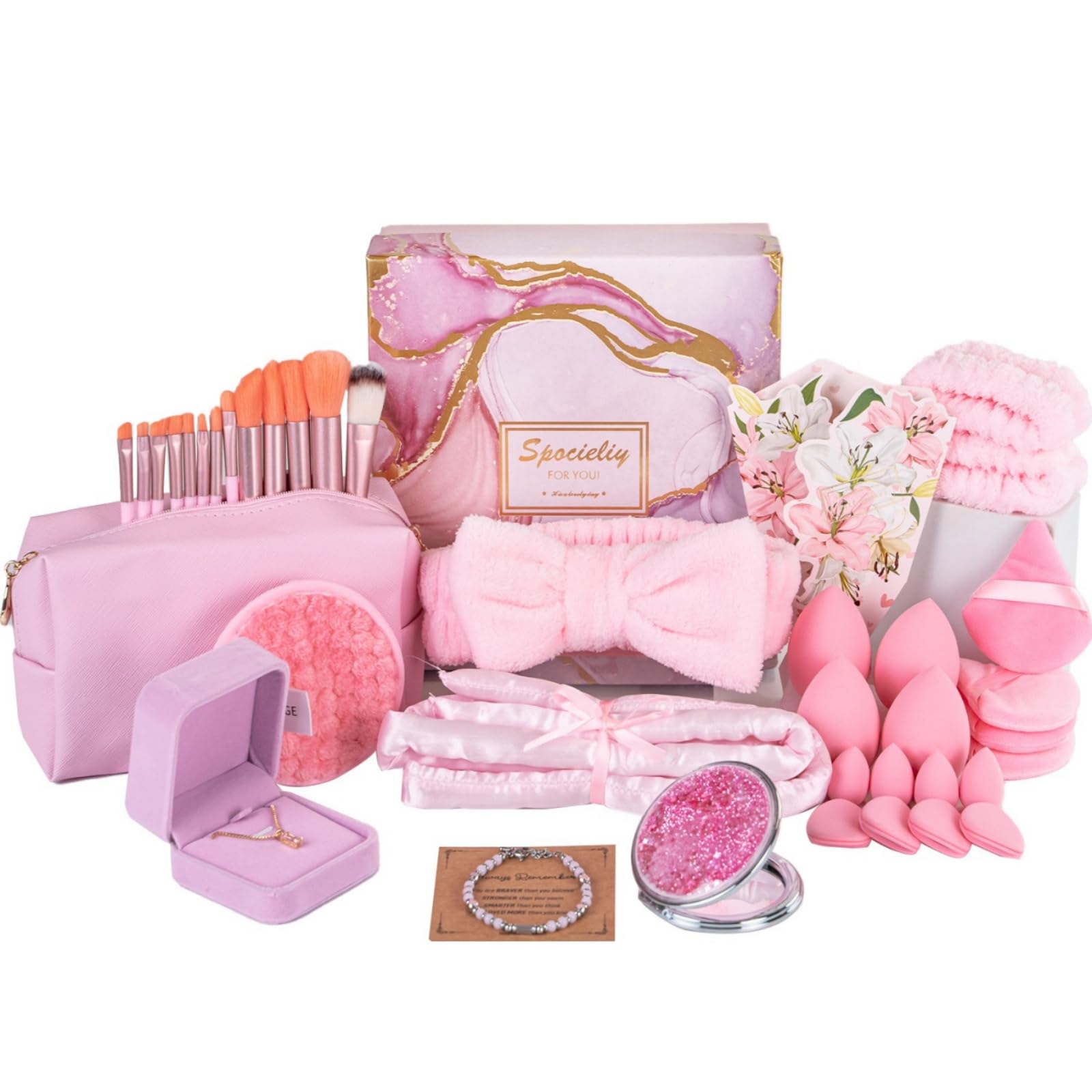 40PCS Trendy Stuff Gifts Set for Teen Girls -Makeup Brushes Set + Blending Sponges + Silk Heatless Curling Set + Jewelry Set & Skincare Headbands | Birthday Gift for Daughter, Niece, Her (Pink)