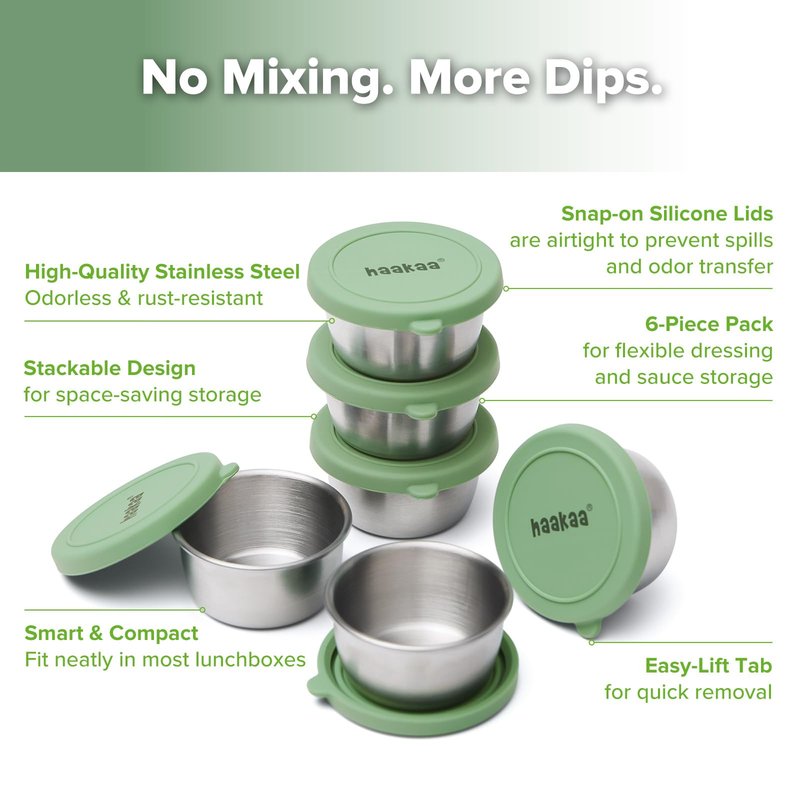 haakaa 6 Pack Small Salad Dressing Container To Go, 1.18 oz Leakproof Condiment Containers with Silicone Lids, Reusable Stainless Steel Sauce Cups for Lunch Box, Meal Prep & Travel