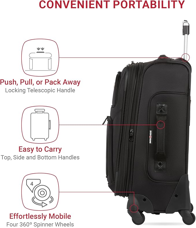 SWISSGEAR Sion Softside Expandable Spinner Luggage Durable Lightweight Travel Suitcase, Black, Carry-On 21-Inch