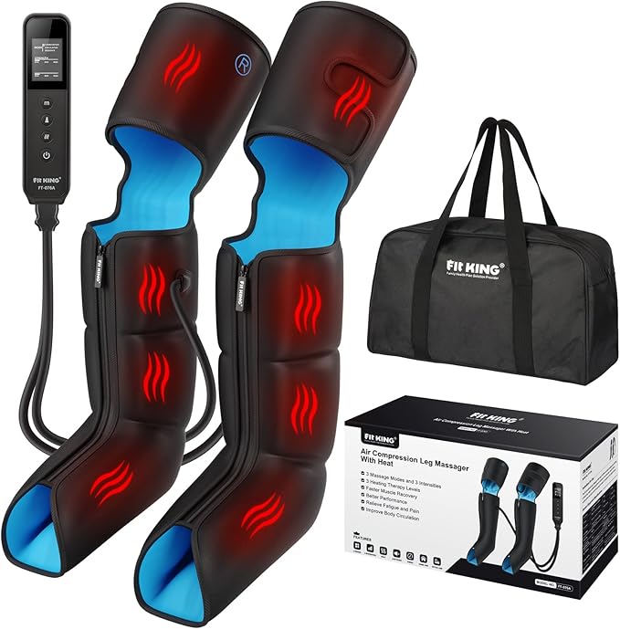 FIT KING Air Compression Leg Massager with Heat and Compression for Circulation and Pain Relief, Full Leg & Foot Massager for Swelling Edema RLS with Pressure Sensor LCD Display for Dad Mom Wife