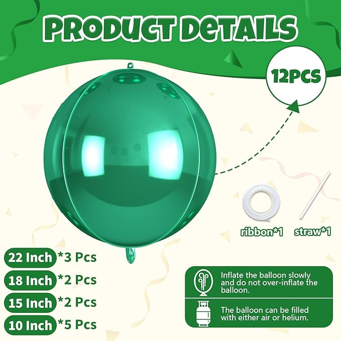 Biapian 12Pcs Emerald Green Round Balloons Foil, 22" 18" 15" 10" 4D Sphere Shaped Ball Balloon, Large Metallic Green Balloons for Wedding Prom Jungle Baby Shower Birthday Party Decorations Backdrop