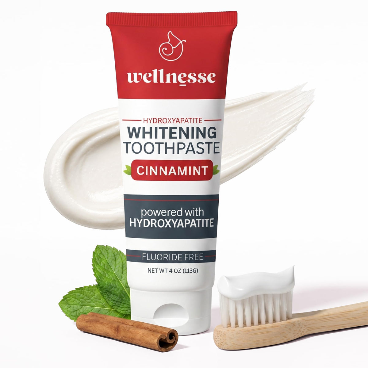 Wellnesse Hydroxyapatite Toothpaste, Fluoride Free, Whitening Toothpaste, Remineralizing Enamel Care, Cinnamint Xylitol Formula for Sensitive Teeth and Daily Oral Care for Adults, 4 Oz