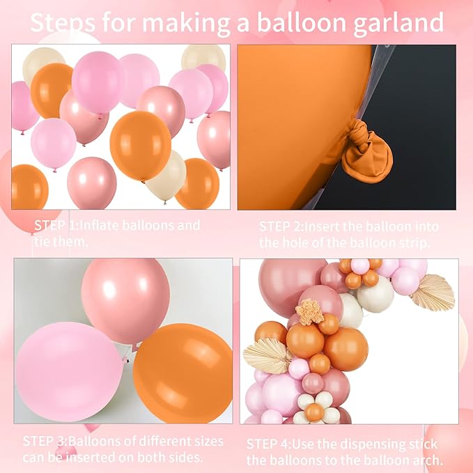 Boho Balloon Garland Arch Kit, Dusty Pink Orange Balloon Arch with Maca Pink Sand White Burnt Orange Latex Balloons for Women Flower Daisy Birthday Wedding Party Decorations