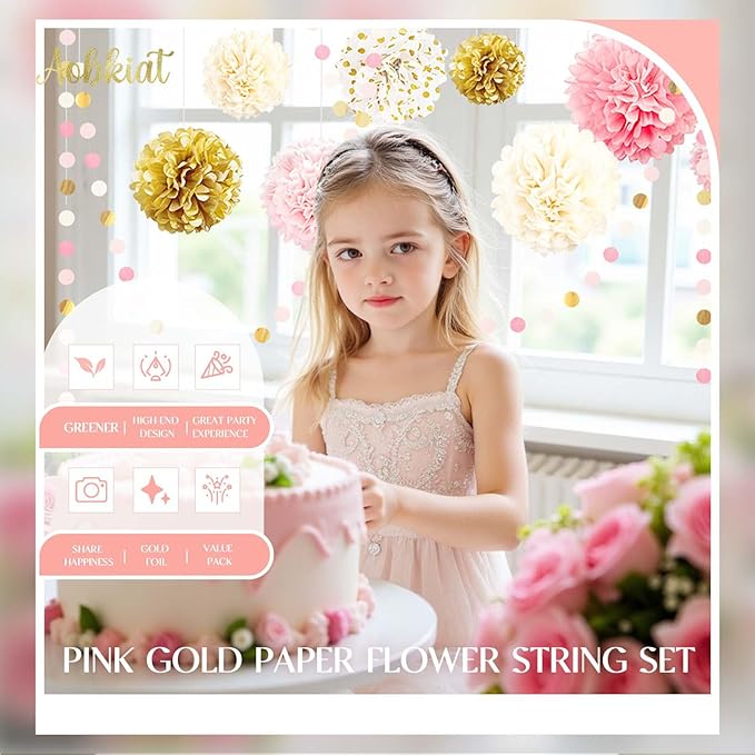 AOBKIAT Wedding Baby Shower Decorations Set,15PCS Pink Gold Tissue Paper Pom Poms,Circle Dots Colorful Paper Garland String Hanging Backdrop for Birthday Party,Gender Reveal Celebration Decor