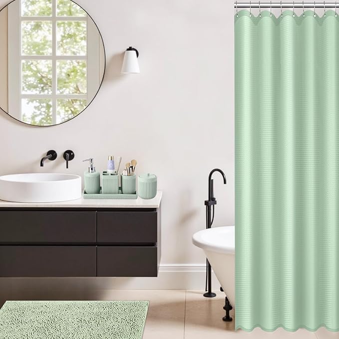 8-Piece Light Green Bathroom Set - Resin Bathroom Accessories Sets Complete with Shower Curtain and Rugs, Soap Dispenser, Toothbrush Holder, Tumbler & Vanity Organizer