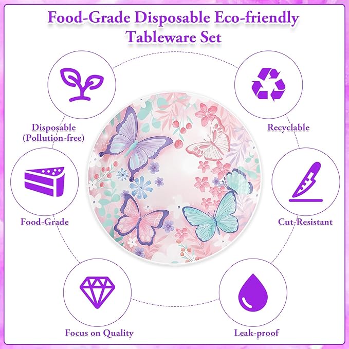 Pink Butterfly Birthday Party Supplies Tableware Sets,Includes Disposable Plates, Napkins, Cups,Straws,Cutlery, Balloons, Banner, and Tablecloth for Party Baby Shower Birthday Decorations,Serves 20