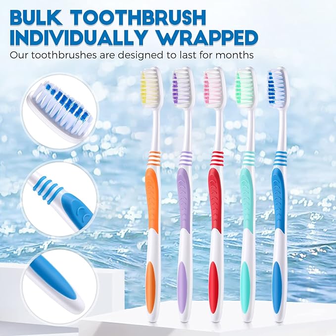 100 Pieces Individually Wrapped Toothbrushes Manual Disposable Travel Toothbrush Medium Soft Bristle Tooth Brush Travel Toothbrushes for Hotel, Guest, Adults, Kids, Multi Color
