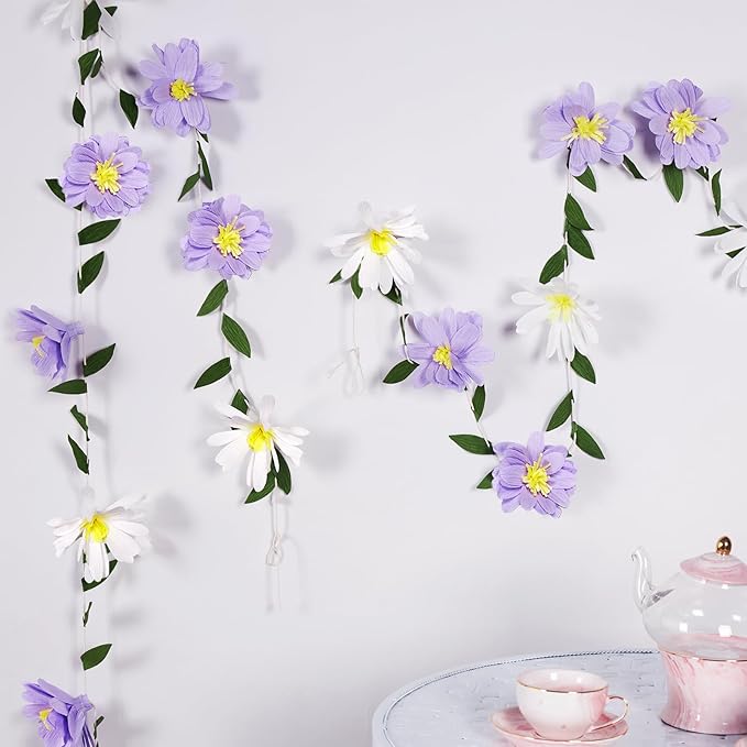 2PCS Paper Flower Garland, Paper Leaves Banner Vine Flowers with Green Leaves Crepe Flower Garland Decorations for Wall Anniversary Wedding Birthday Arch Decor-Purple