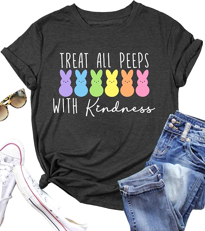 LAZYCHILD Women Easter Teacher Shirts: Funny Treat All with Kindness T-Shirt Bunny Rabbit Tee Tops
