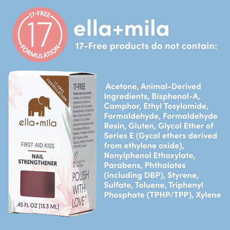ella+mila Nail Strengthener and Growth Treatment - First Aid Kiss Nail Hardener for Damaged Brittle Thin Nails - Strengthening Polish with Vitamin E - Vegan (2-Pack)