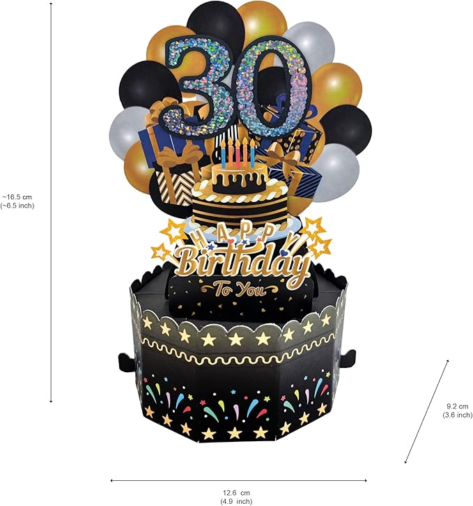 30th Birthday Cards 3D Popup Birthday Greeting Cards - Birthday Greeting Card for Men and Women, with Blank Note and Envelope Included (Black Gold)