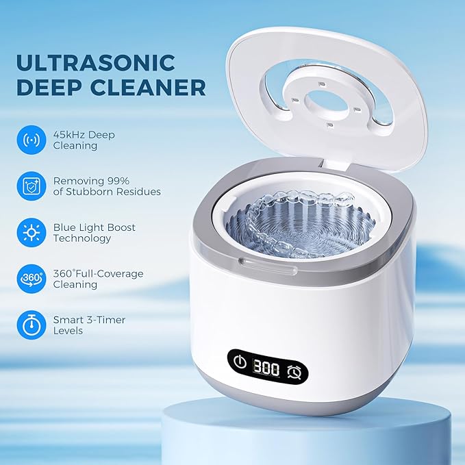 Ultrasonic Retainer Cleaner 200ml Capacity, 45kHz Sonic Dental Cleaning Machine, Ultrasonic Jewelry Cleaner Digital Timer, Retainer Cleaner Machine for Mouth Guard, Braces, Aligner, Toothbrush Head