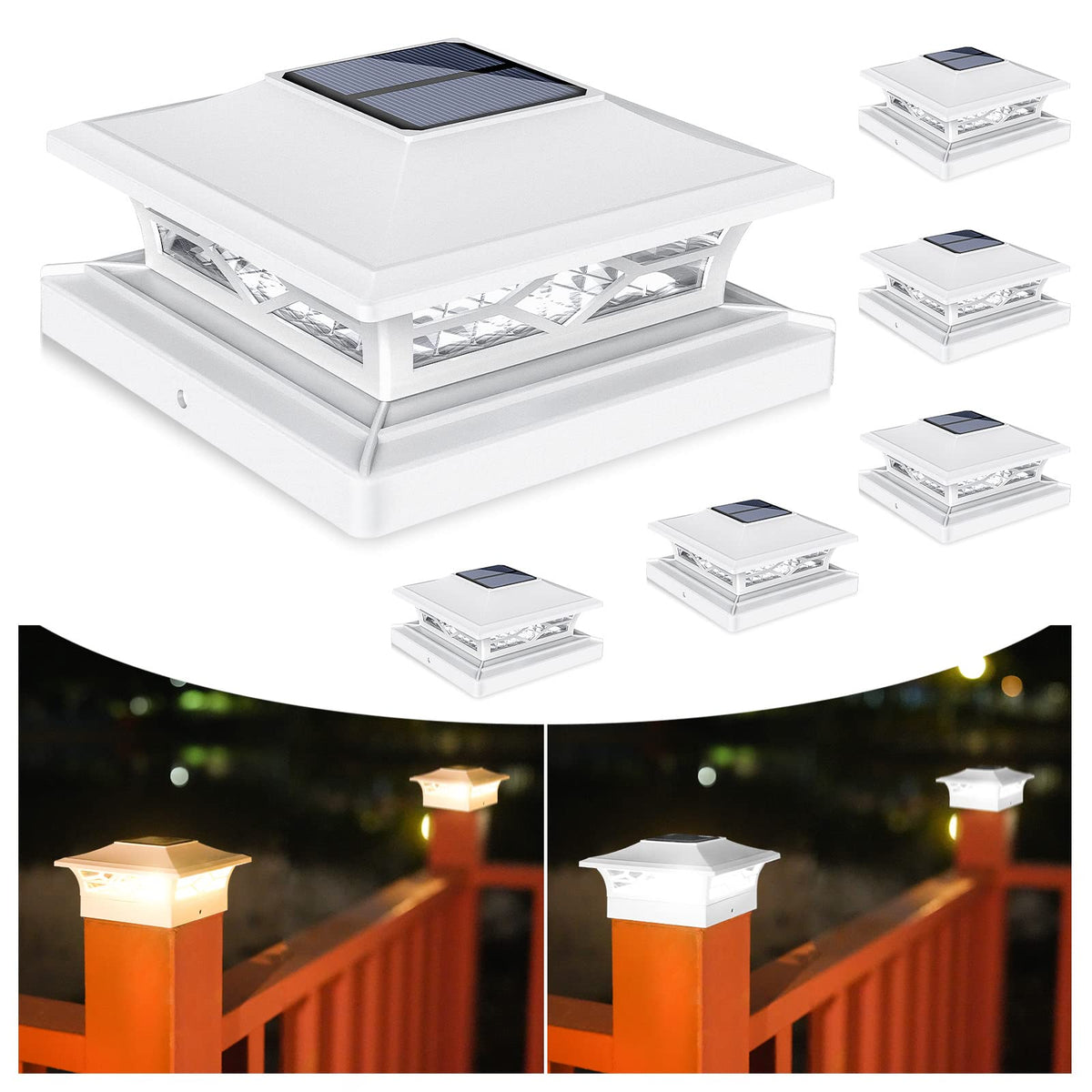 VOLISUN Solar Post Cap Lights: 6 - Pack Outdoor Deck Post Cap Lights White for Dock Fence Waterproof 2 Color Modes,4x4/6x6 Wooden/Vinyl Posts