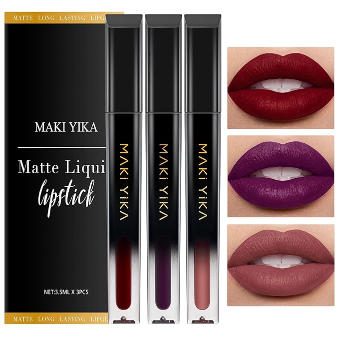 MAKI YIKA 3Pcs Matte Liquid Lipstick Makeup Set, Dark Red Purple Nude Lipstick Long Lasting Smudge Proof Transfer Proof Lip Makeup
