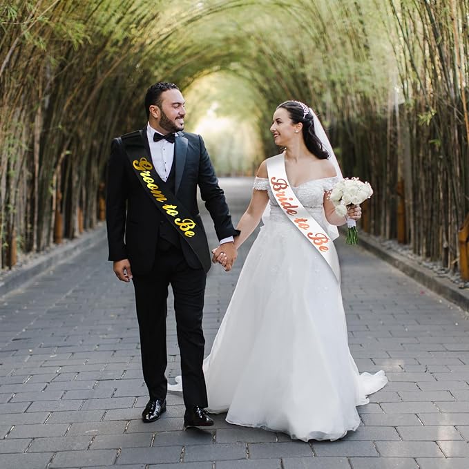 2 Pcs Bride to Be and Groom to Be Sash, Black & White Bachelorette & Bachelor Sashes for Bridal Shower Wedding Hen Party Decorations Lucky Mr & Future Mrs Engagement Gifts (Gold, Rose Gold Foil)