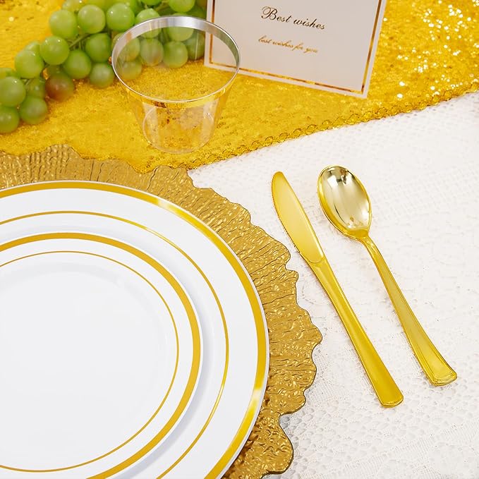 150 PCS Gold Disposable Dinnerware Set for 25 Guests, Gold and White Plastic Plates for Party, 25 Dinner & Salad Plates, 25 Cups, 25 Forks Knives Spoons for Wedding and Party Supplies