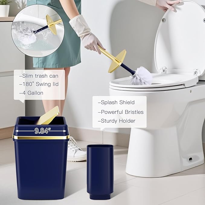 25PCS Bathroom Accessory Set, Navy Blue Bathroom Set with Large-Capacity 4 Gallon Trash Can,Bathroom Rugs Set, Waterproof Shower Curtain, Toilet Brush, Toothbrush Holder & Soap Dispenser