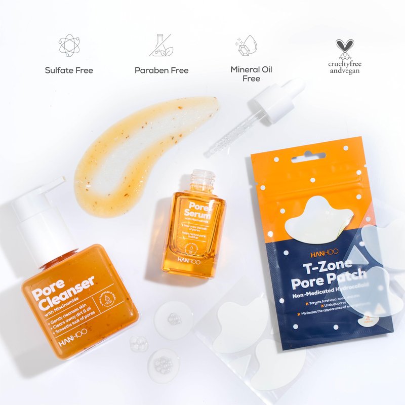 Hanhoo Pore Collection, Pore Cleanser 6.76 Fl. Oz., Pore Serum 1 Fl. Oz., T-Zone Pore Patch 8 Ct, with Niacinamide and Salicylic Acid, Pore Patches, Clarifies Clogged Pores, Korean Skincare
