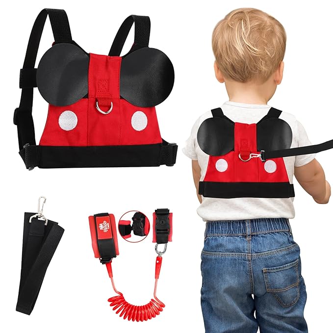 Lehoo Castle Toddler Leash for 1-5 Years, Baby Safety Harness for Boys with Anti-Lost Key Lock & Adjustable Strap, 3-in-1 Wrist Leash and Kids Backpack Harness for Walking Travel (Mickey Mouse)