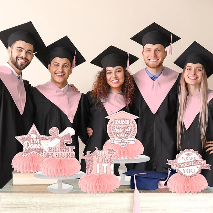 12pcs Graduation Table Decorations 2026,Pink Rose Gold Graduation Decorations Graduation Centerpieces for Tables Class of 2026 Centerpieces Honeycomb for 2026 Congrats Grad Table Decor (Pink)