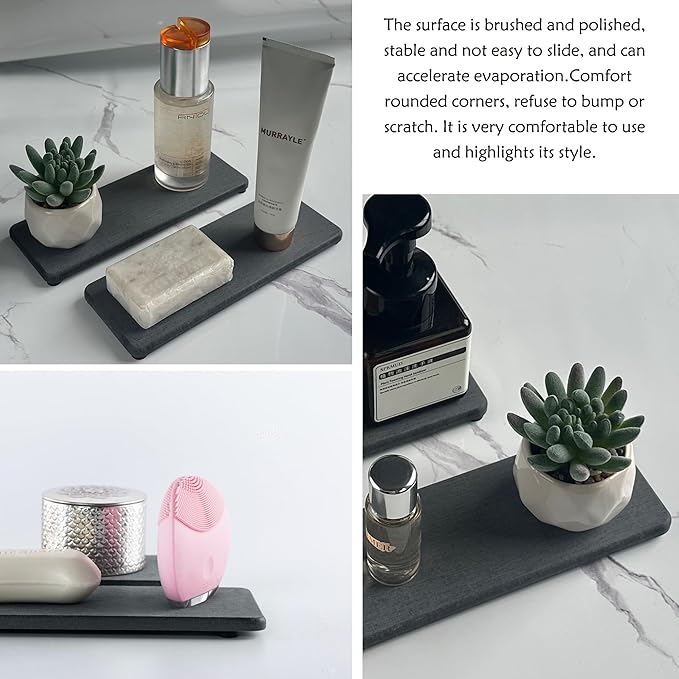 2 Pcs Water Absorbing Stone Trays, Kitchen/Bathroom Sink Soap Dish, Diatomite Tray Used for Hand Soap & Cosmetic Bottles in The Modern Home, 3.15" W x 8.7" L, Dark Gray