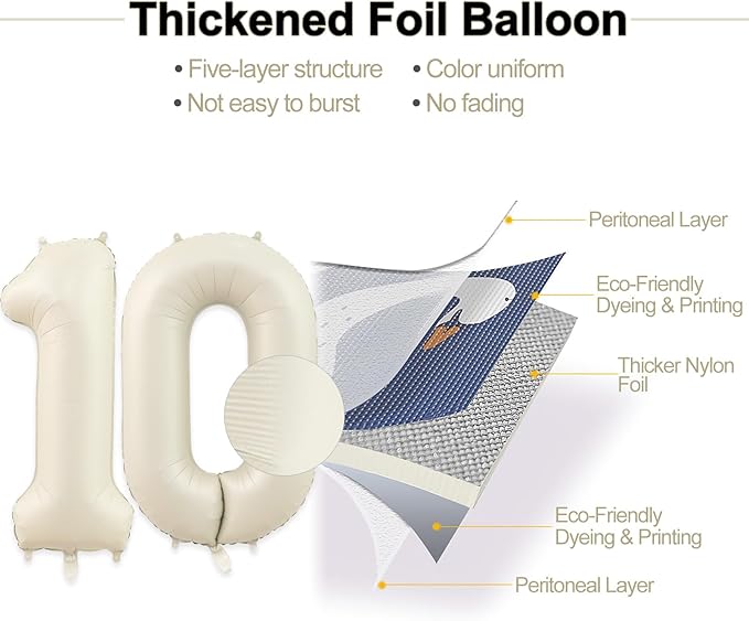 10 Balloon, Number 10 Balloons, Number Balloons 40 Inch, Sand White Large Big Foil Number Balloons for Birthday Party Graduation Wedding Anniversary Baby Shower Bachelorette Decoration Supplies