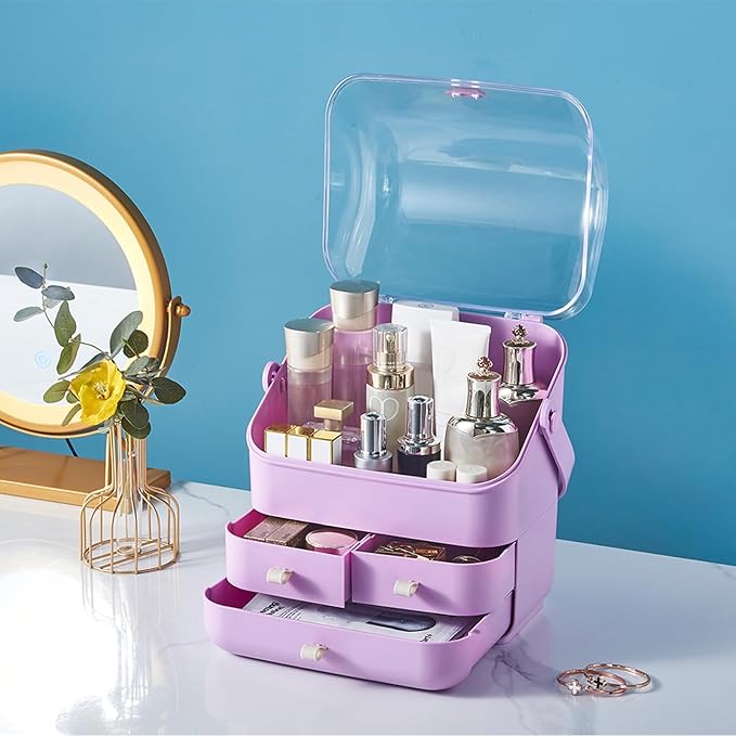 Large Makeup Organizer w Drawers Beauty Organizer Makeup Box Holder Vanity Organization Desk Countertop MakeUp Organizers Bathroom Counter Organizer Skincare Cosmetic Case Stand Dustproof Lid Gift