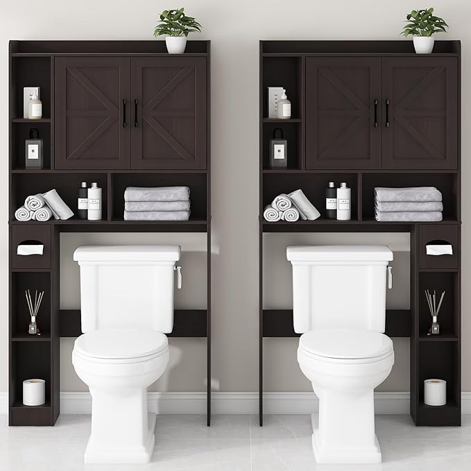 Over The Toilet Storage Cabinet, Farmhouse Storage Cabinet Over Toilet with 2 Barn Door & Toilet Paper Holder Stand, Home Space-Saving Toilet Rack, for Bathroom, Restroom (Black)