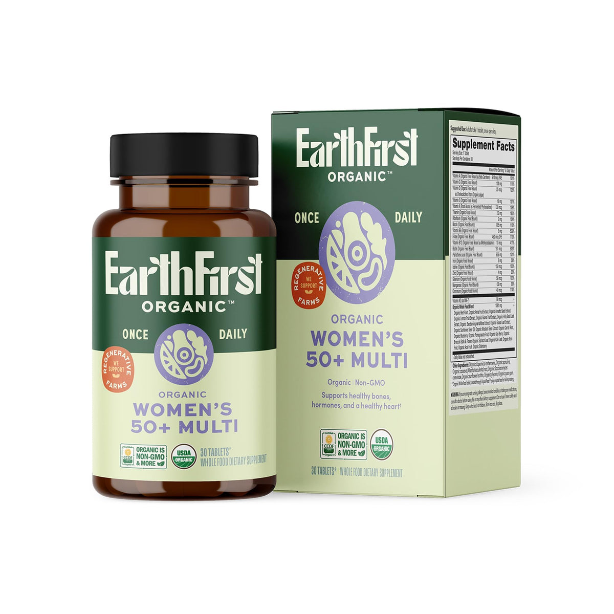 EarthFirst Organic Once Daily Multivitamin for Women 50+, Supports Bone Strength, Energy, and Heart Health, 30 Count