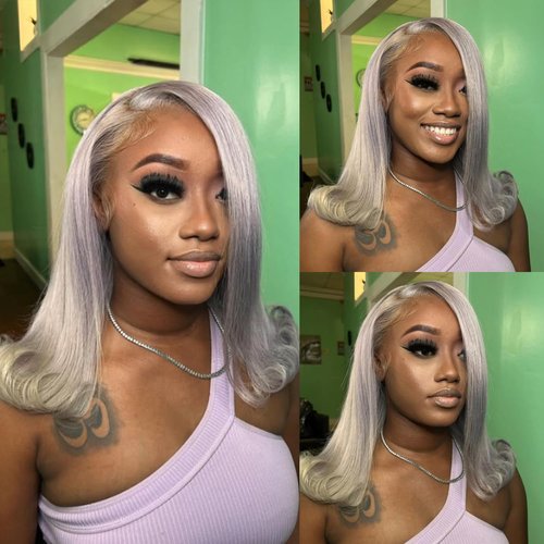 Bestvivid Dark Gray Bob Lace Front Wigs Human Hair HD Transparent Pre Plucked 13x4 Glueless with Baby Hairs 16inch Natural Hairline 100% Unprocessed Human Hair Grey Lace Frontal Blunt Cut Bob Wig