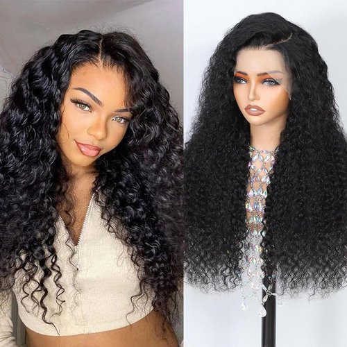 Dokihis 13x6 Deep Wave Lace Front Wigs Human Hair 22 Inch 200 Density HD Lace Frontal Glueless Wigs Human Hair Pre Plucked Deep Curly Wig with Baby Hair Natural Black