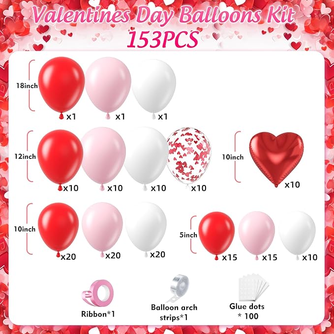 153pcs Valentines Day Balloons Garland Arch Kit, Red Pink White Confetti Heart Balloons Red Heart Foil Balloons Arch for Galentine's Day Wedding Anniversary Engagement Party Decorations